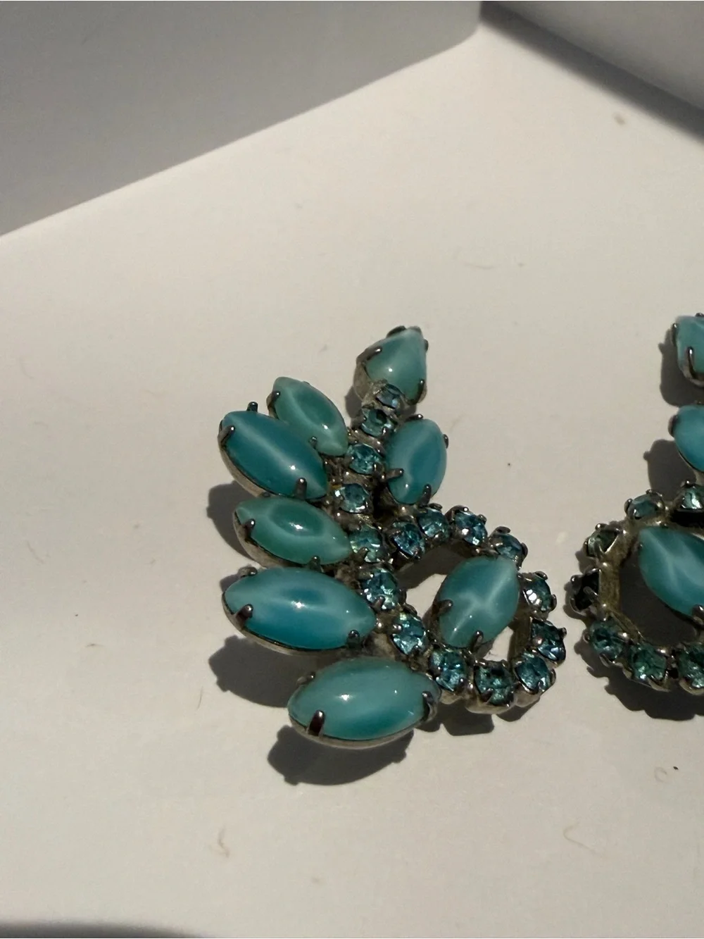 Vintage 1950s Blue Milk Glass Marquise Clip On Earrings Rhinestone Leaf Spray